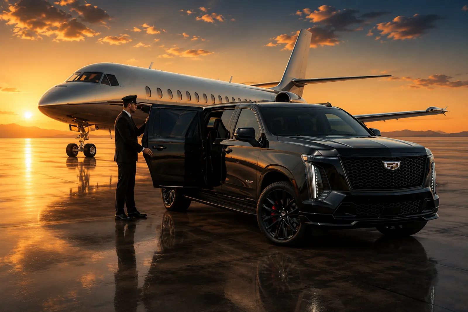 Chauffeur opening the door of a black Cadillac Escalade beside a private jet at golden-hour sunset