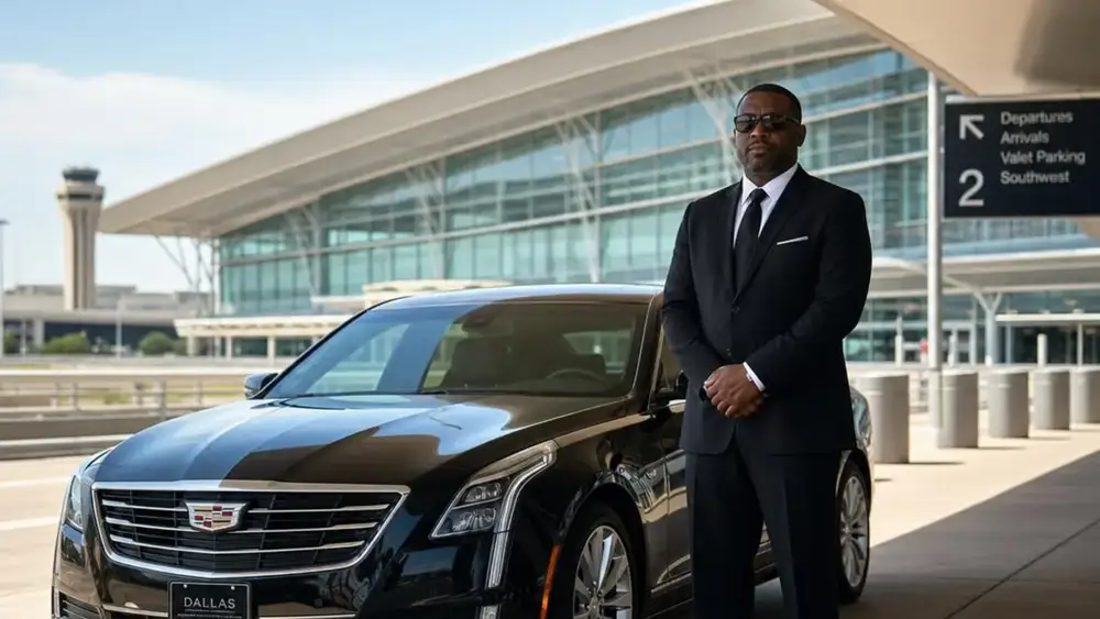 A Limo chauffeur beside a black luxury sedan at the DFW International Airport terminal curb