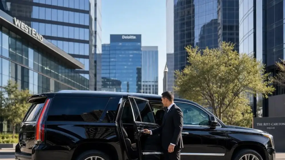 Executive stepping into a black luxury SUV outside a downtown Dallas office tower
